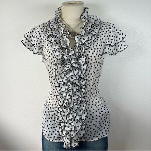 Polka Dot Ruffle Blouse - Black and White